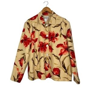 Coldwater Creek XL Silk Linen Floral Blazer Jacket Red Beige Button Front‎